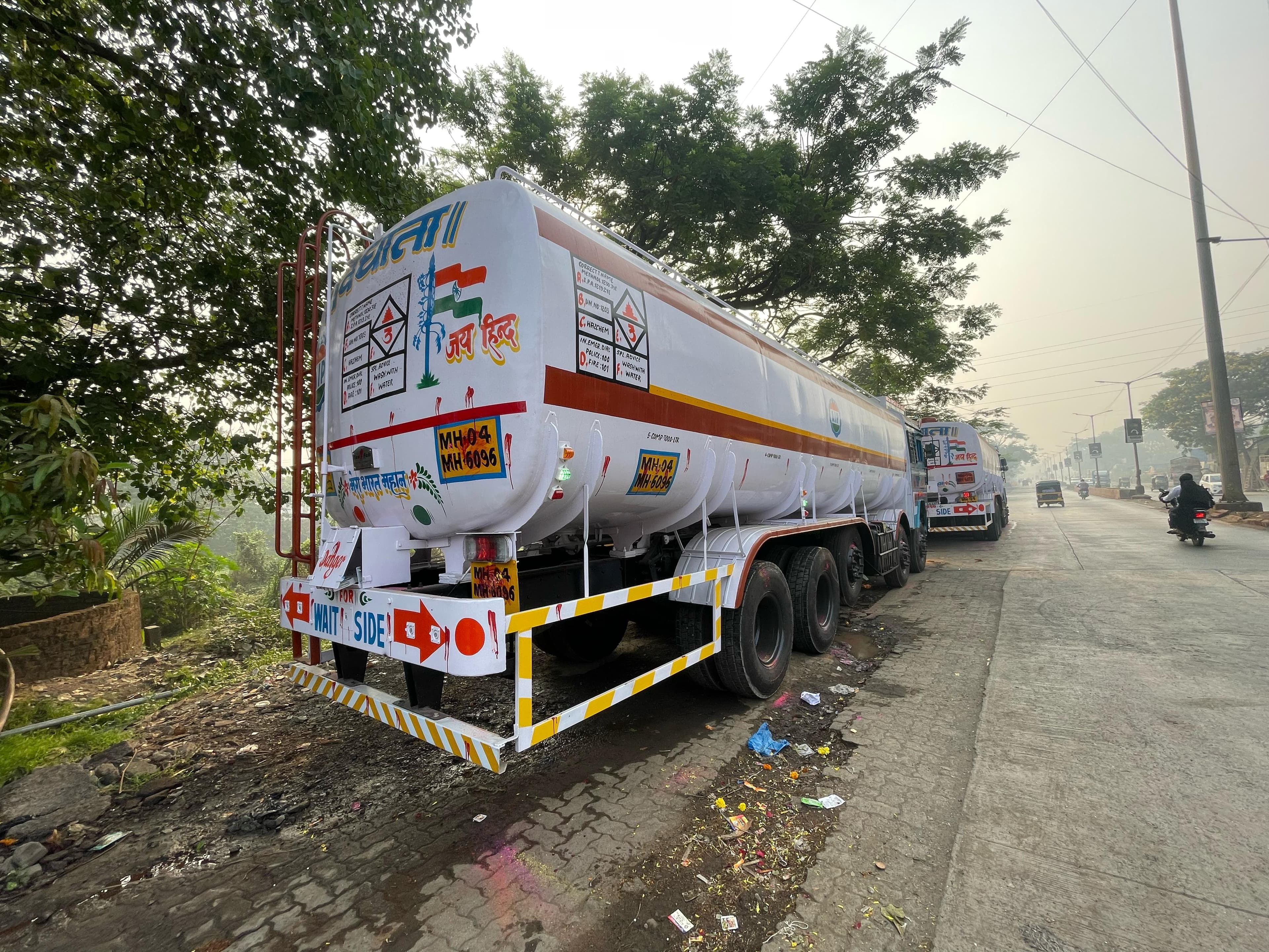 Rear view of a tanker showing its ladder and reflective markings