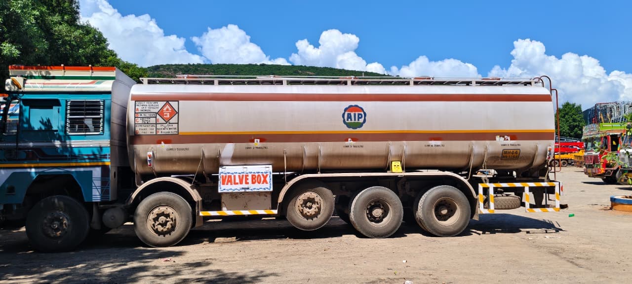 Liquid tanker at the yard with its valve box and tank visible