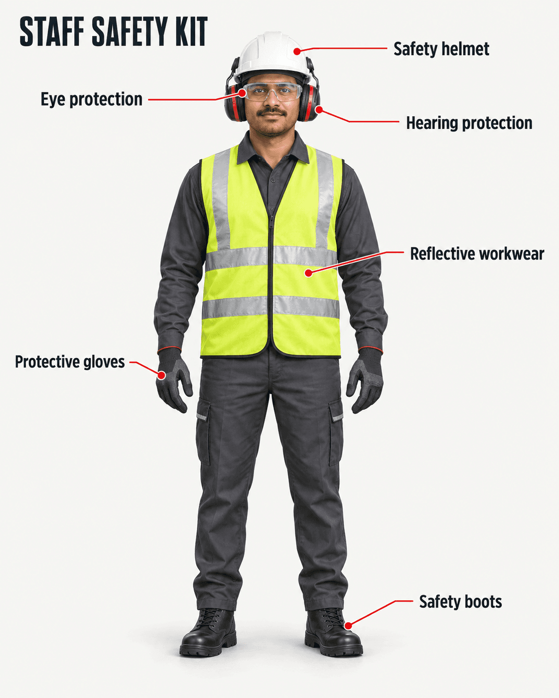 Illustrated worker wearing a safety helmet, protective eyewear, hearing protection, gloves, reflective workwear, and safety boots, with labelled callouts.