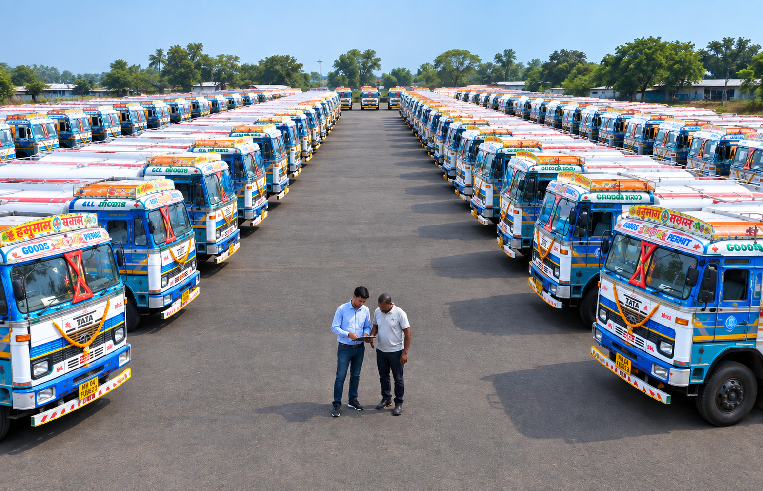 Foreground tankers and staff at Shree Maruti Transport Service
