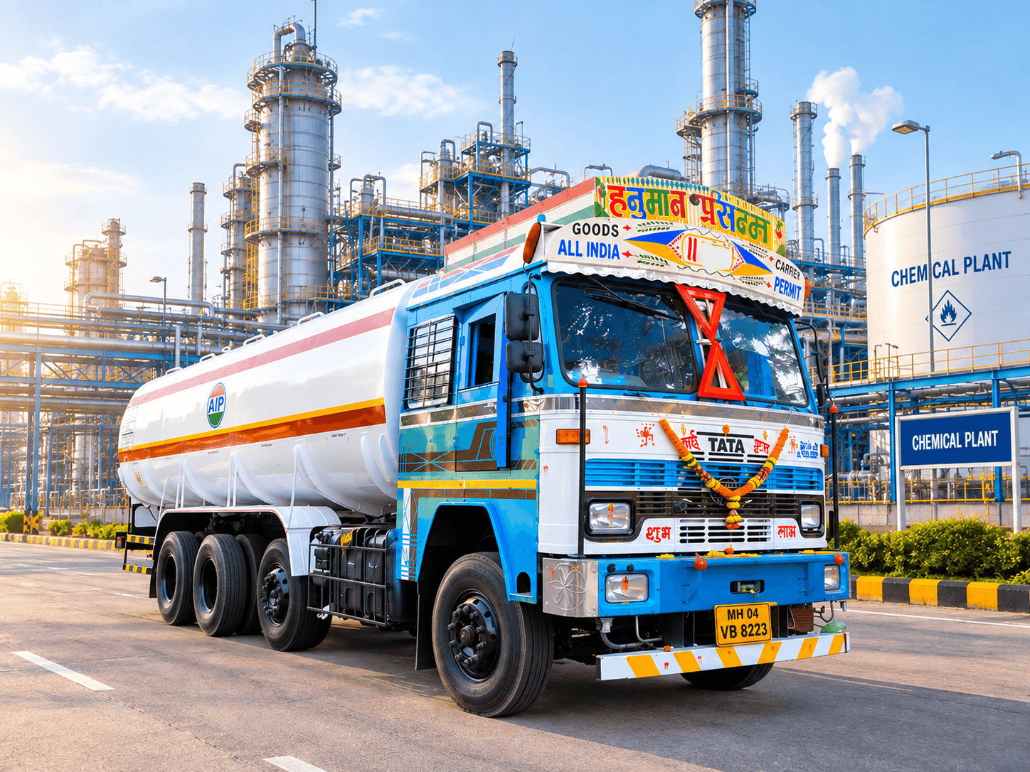 Blue-and-white Tata liquid tanker on the road beside a chemical plant