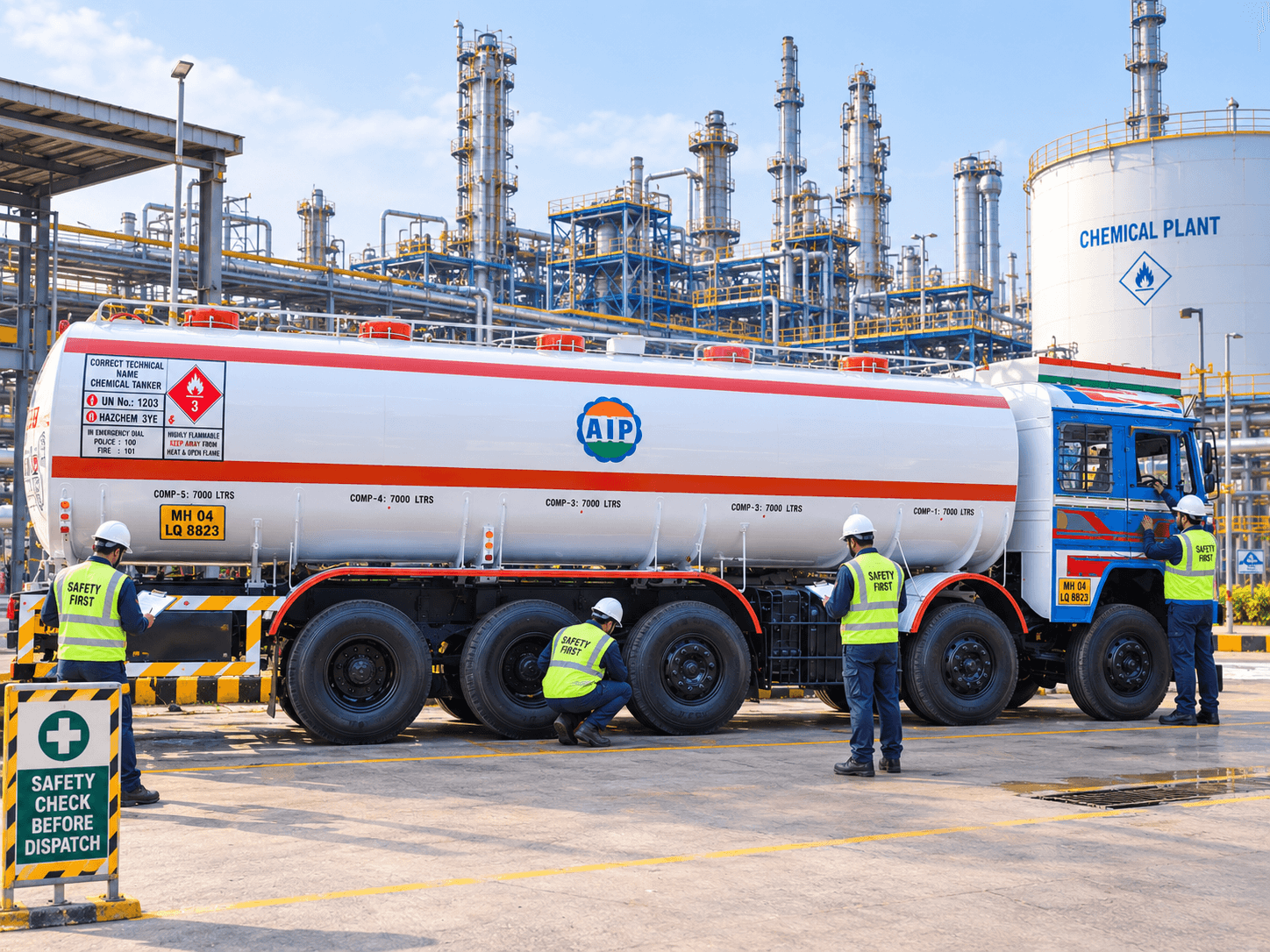 Personnel wearing safety equipment inspect a tanker before dispatch